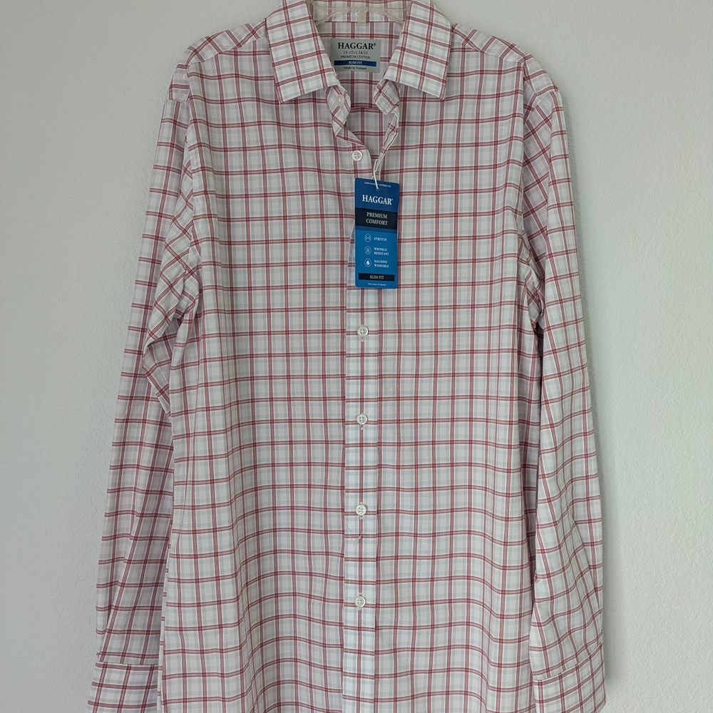 Haggar Men's Pink and White Checkered Shirt